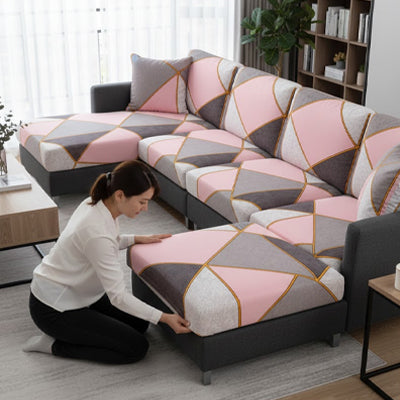 Housse canape angle ProtectStyle gris rose femme assise